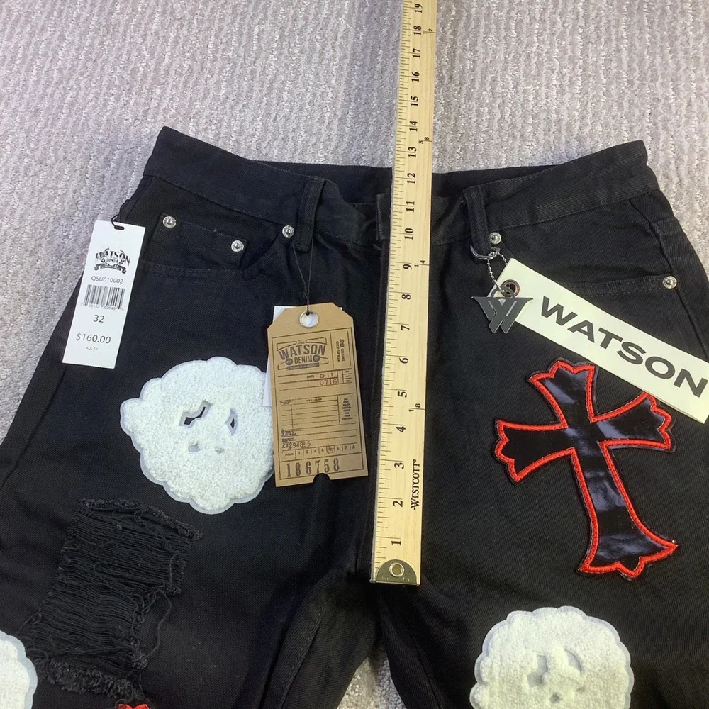 Watson Denim Jeans Black Embellished Cross Cloud Applique Mens Size 32 x‎ 30 NWT
